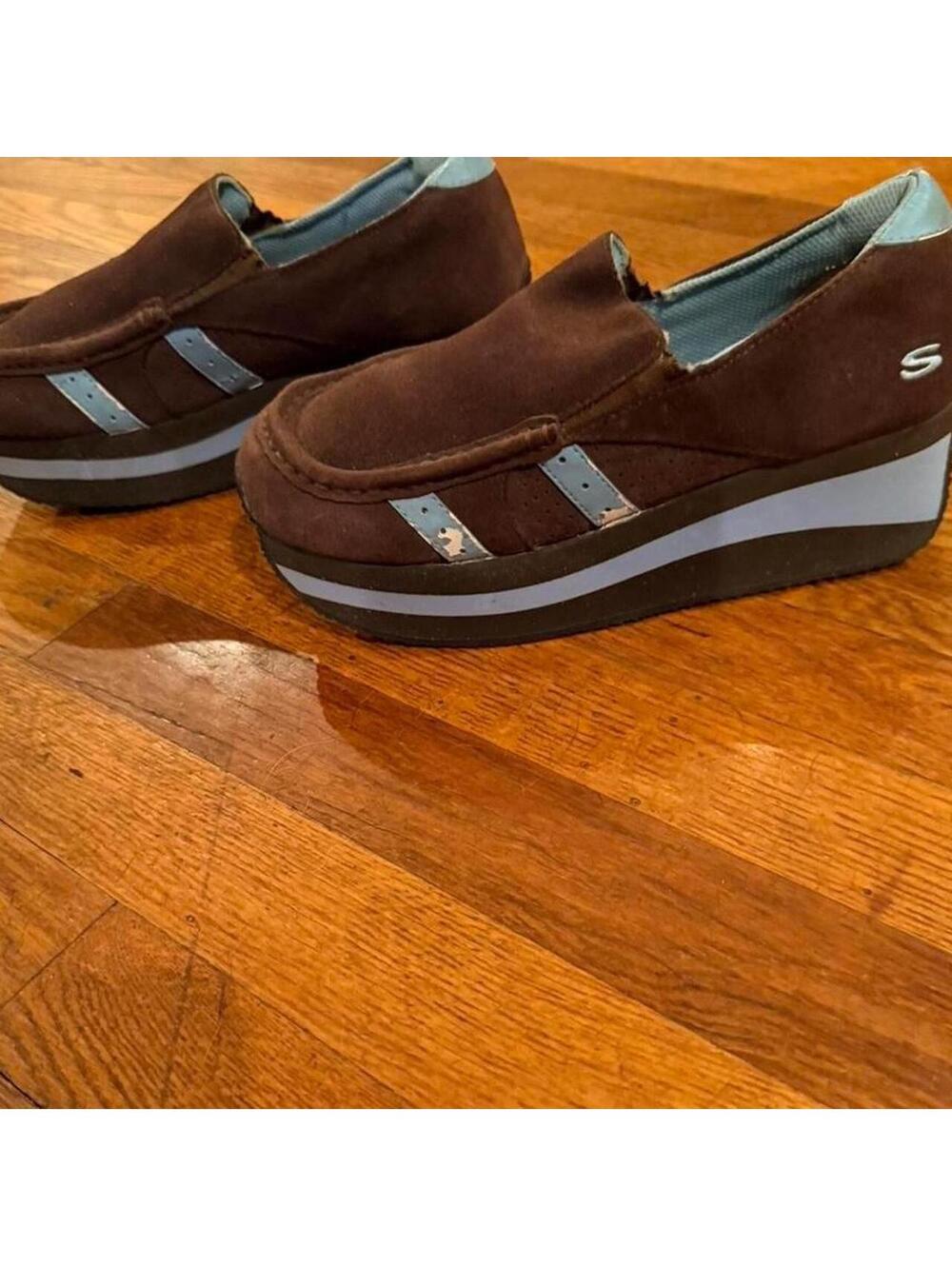 Skechers Women's Chocolate Brown Slip-On Platform Loafers with Light Gray Trim